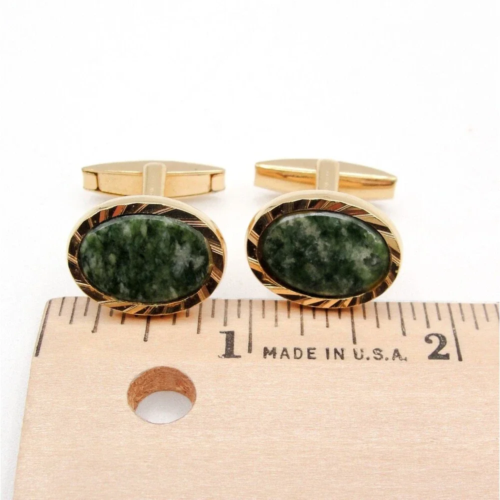Vintage Gold Tone Jade Cufflinks Oval Green Stone Patented Retro MCM Classic